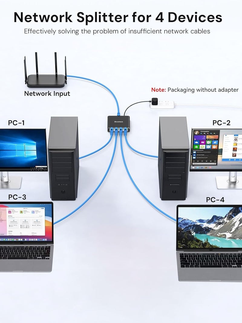 Dockteck Ethernet Splitter 1 to 4 1000Mbps, Internet Cable Splitter 1 in 4 Out High Speed Switch Network Gigabit for LAN RJ45 Port Router Switch Work with Cat5/5e/6/7/8 Cable - Image 4